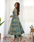 Lorenvalley Fashion Women Pure Organza Print Fully Flair Anarkali Kurta Pant With Dupatta Set - Multicolor | Grocsy