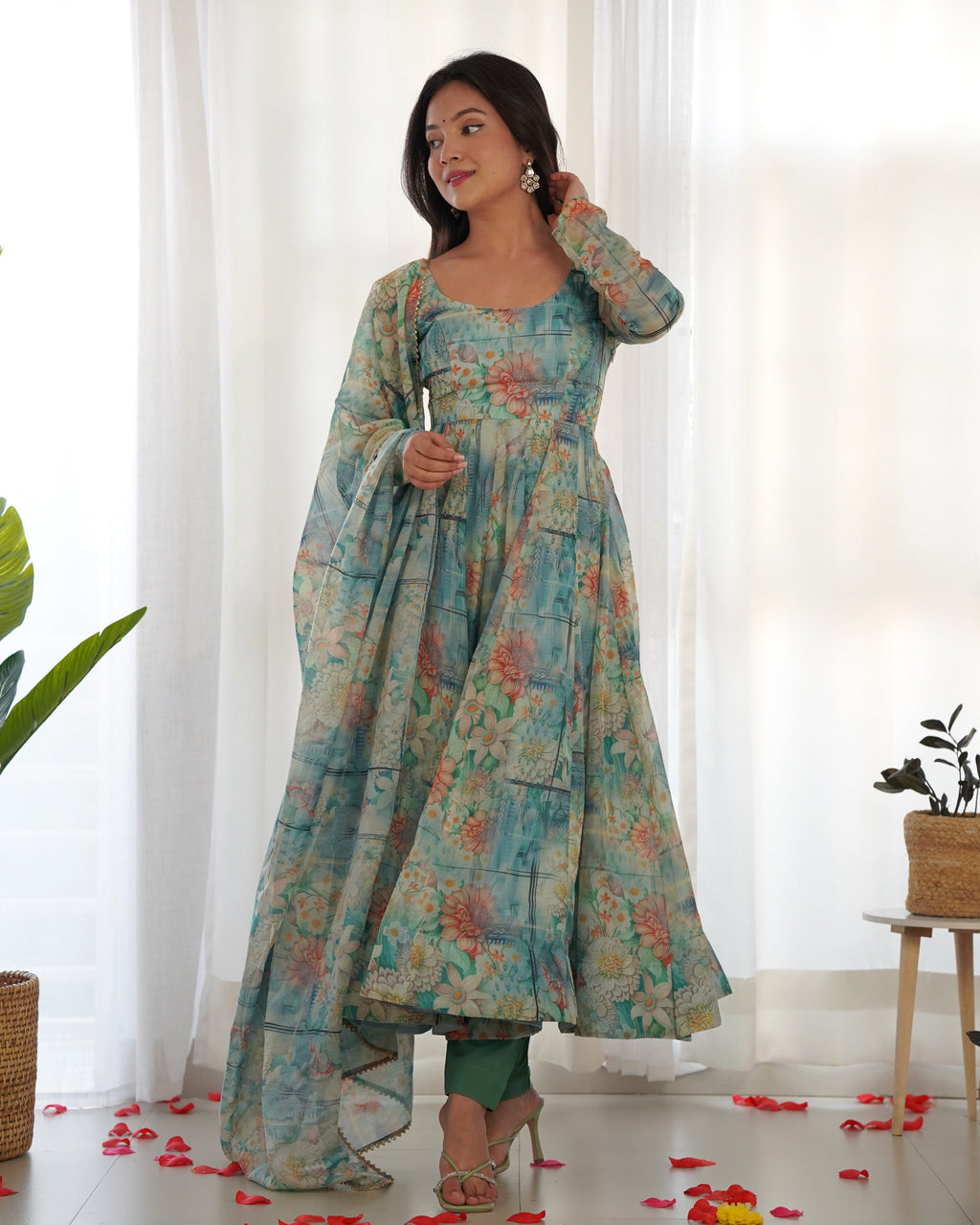 Lorenvalley Fashion Women Pure Organza Print Fully Flair Anarkali Kurta Pant With Dupatta Set - Multicolor | Grocsy