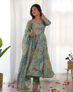 Lorenvalley Fashion Women Pure Organza Print Fully Flair Anarkali Kurta Pant With Dupatta Set - Multicolor | Grocsy