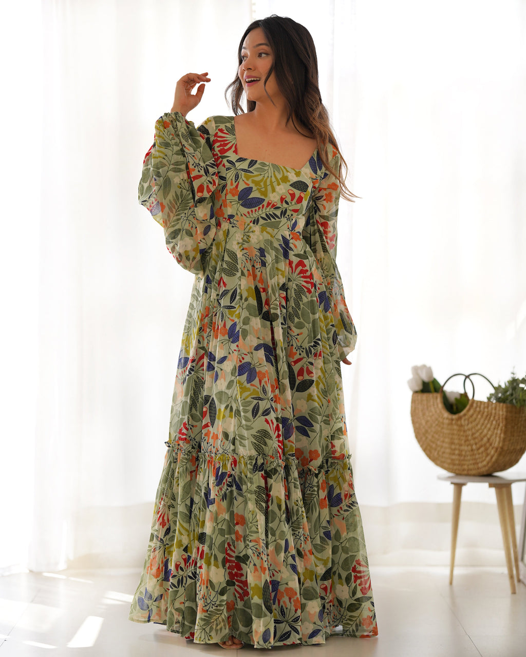 Lorenvalley Women Pure Soft Faux Georgette Floral Print Anarkali Gown - Seagreen | Grocsy