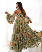 Lorenvalley Women Pure Soft Faux Georgette Floral Print Anarkali Gown - Seagreen | Grocsy