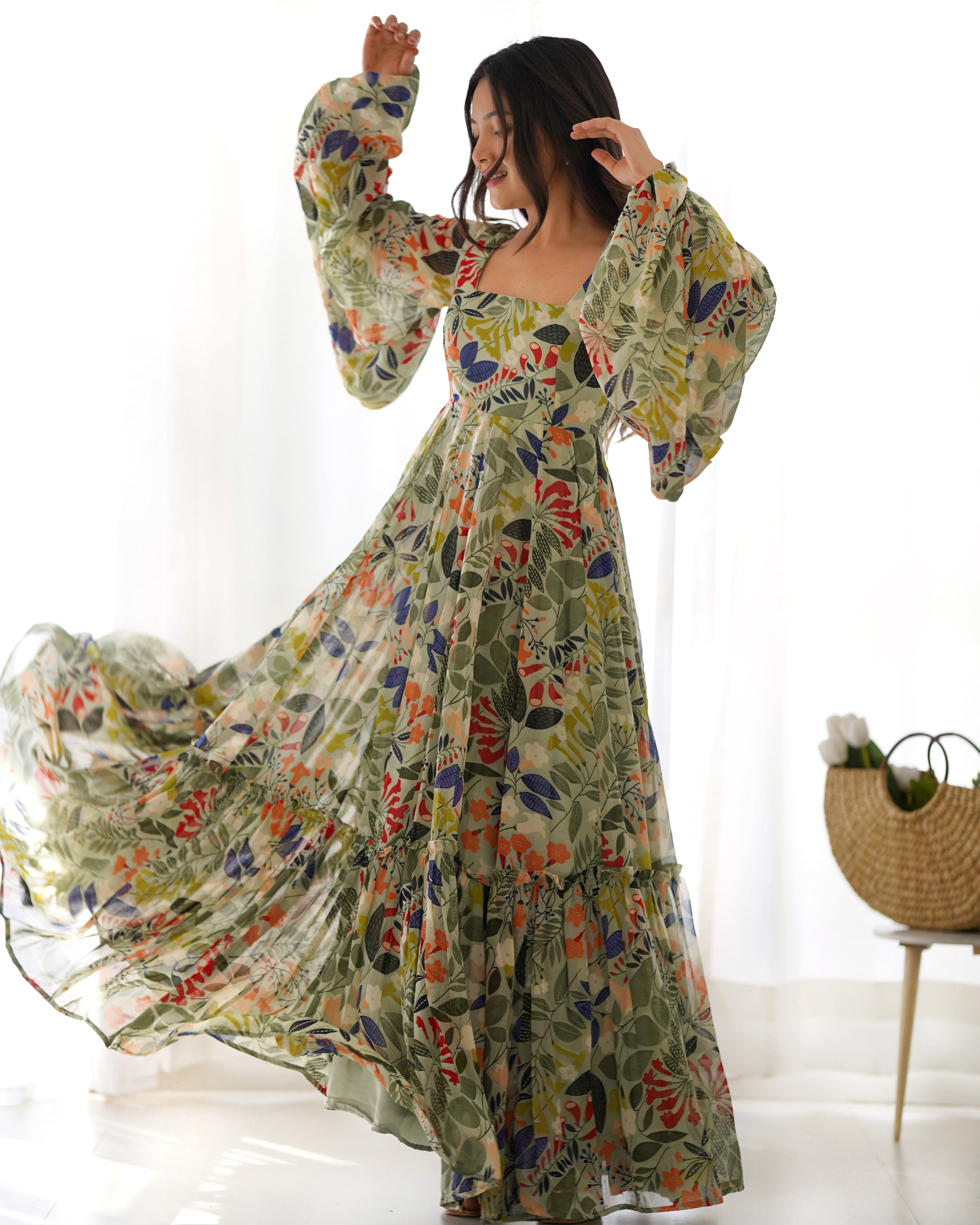 Lorenvalley Women Pure Soft Faux Georgette Floral Print Anarkali Gown - Seagreen | Grocsy