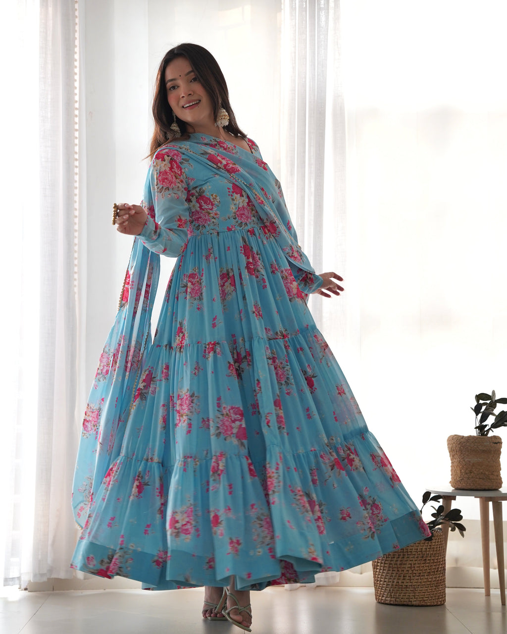 Lorenvalley Fashion Women Pure Soft Faux Georgette Floral Print Fully Flair Anarkali Kurta Pant With Dupatta Set - Skyblue | Grocsy