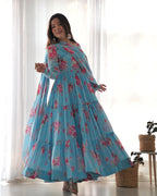 Lorenvalley Fashion Women Pure Soft Faux Georgette Floral Print Fully Flair Anarkali Kurta Pant With Dupatta Set - Skyblue | Grocsy