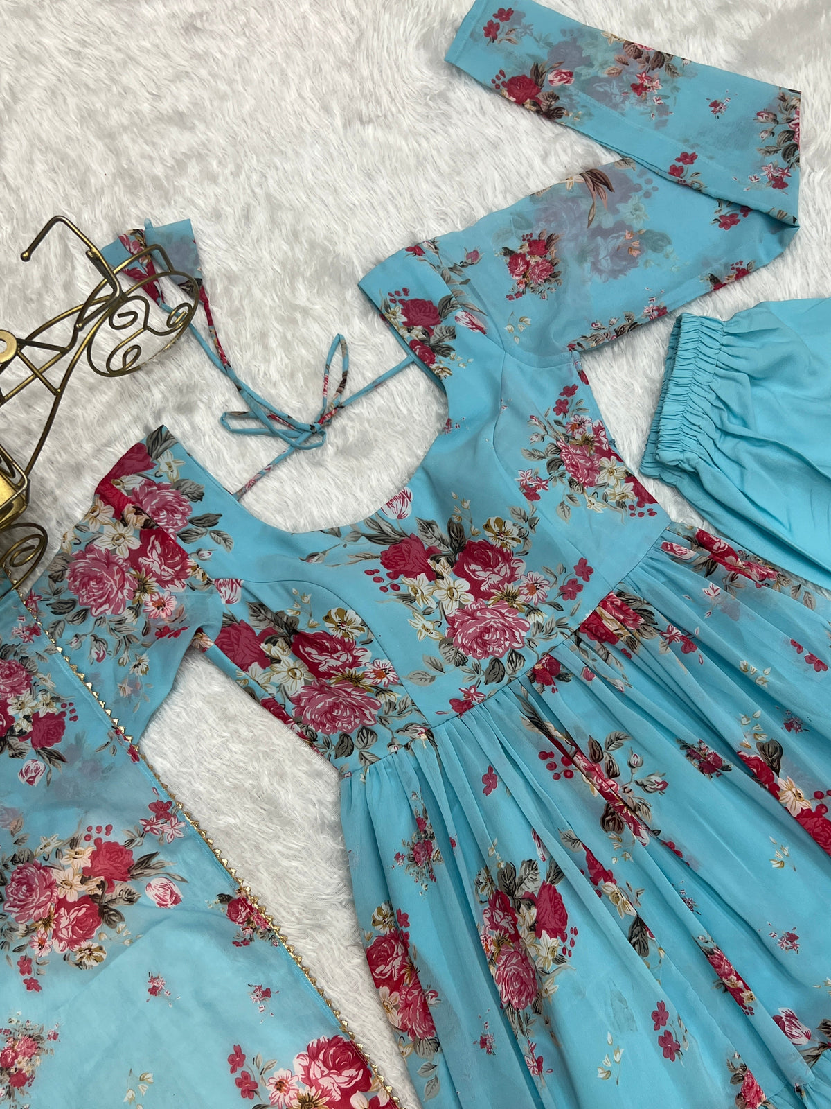 Lorenvalley Fashion Women Pure Soft Faux Georgette Floral Print Fully Flair Anarkali Kurta Pant With Dupatta Set - Skyblue | Grocsy
