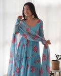 Lorenvalley Fashion Women Pure Soft Faux Georgette Floral Print Fully Flair Anarkali Kurta Pant With Dupatta Set - Skyblue | Grocsy