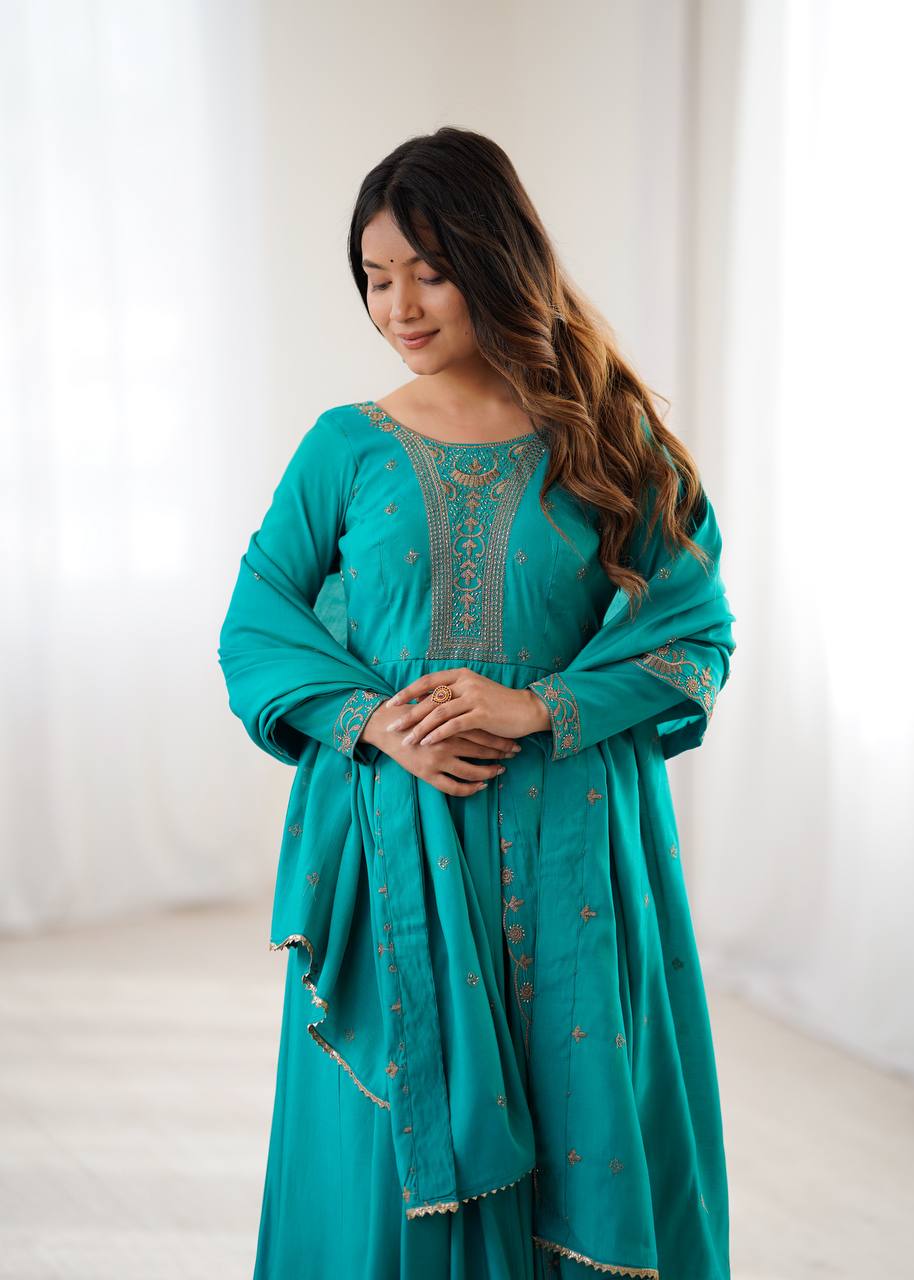 Evanik Rama Pure Roman Shimmer Chanderi With Beads Work Wedding Anarkali Suit | Grocsy