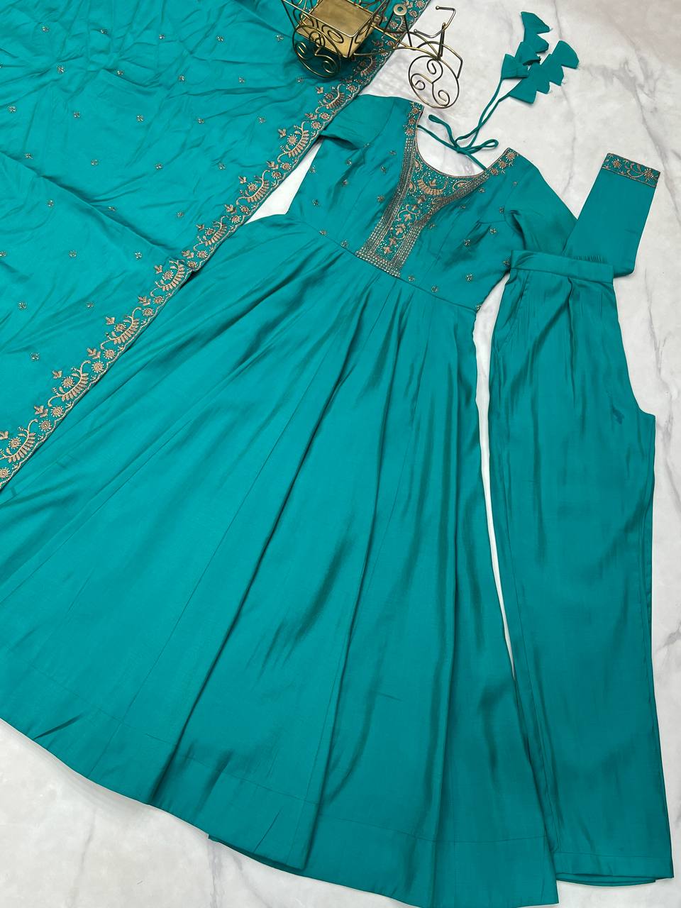 Evanik Rama Pure Roman Shimmer Chanderi With Beads Work Wedding Anarkali Suit | Grocsy