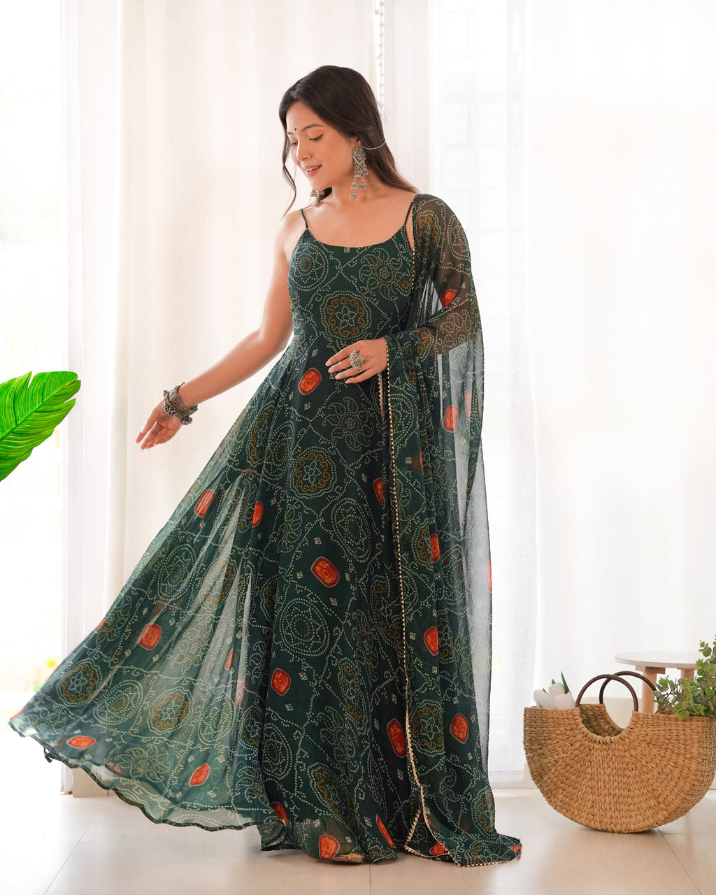 Lorenvalley Women Soft Chiffon Bandhej Fabric Print Fully Flair Anarkali With Pant Dupatta Set - Green | Grocsy