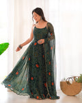 Lorenvalley Women Soft Chiffon Bandhej Fabric Print Fully Flair Anarkali With Pant Dupatta Set - Green | Grocsy