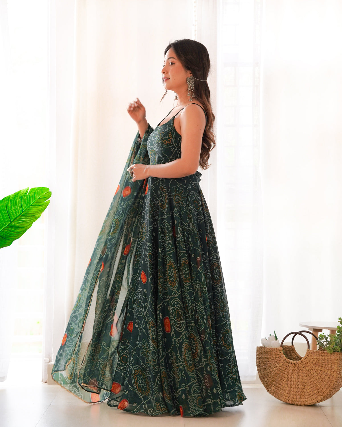 Lorenvalley Women Soft Chiffon Bandhej Fabric Print Fully Flair Anarkali With Pant Dupatta Set - Green | Grocsy