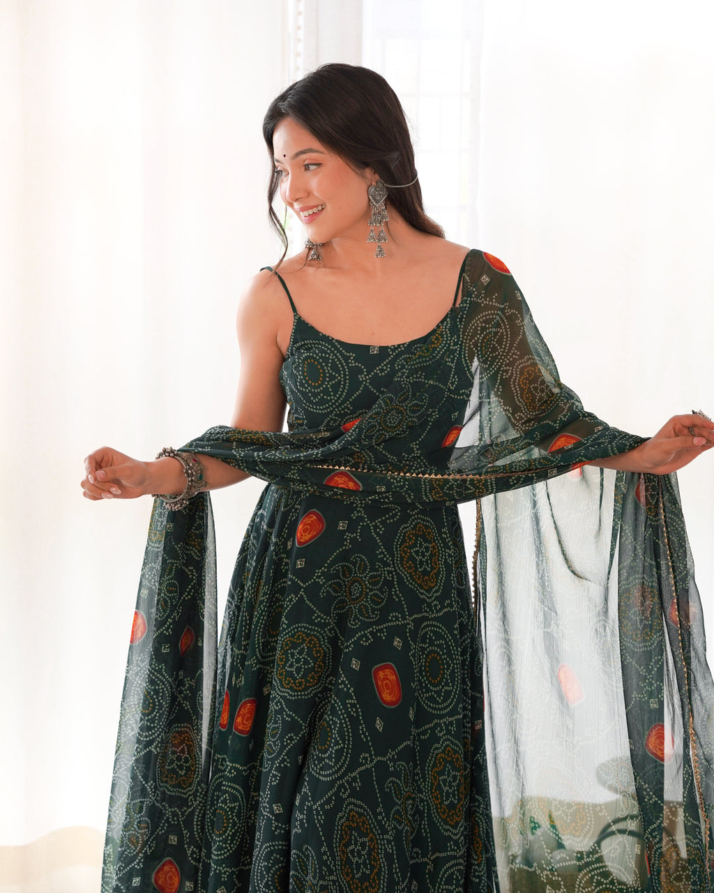 Lorenvalley Women Soft Chiffon Bandhej Fabric Print Fully Flair Anarkali With Pant Dupatta Set - Green | Grocsy