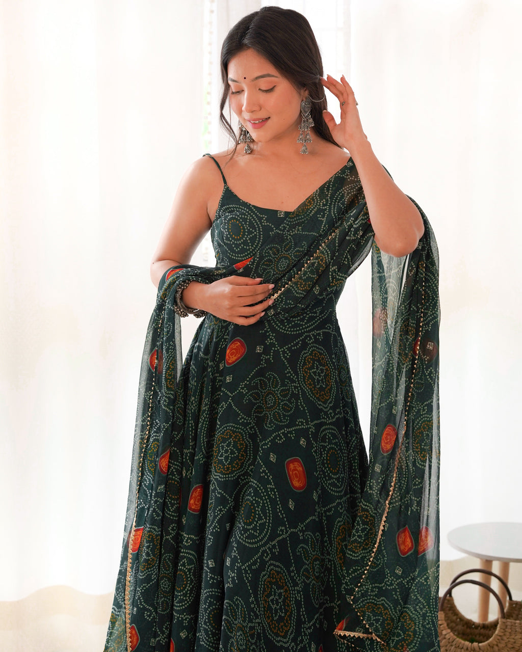 Lorenvalley Women Soft Chiffon Bandhej Fabric Print Fully Flair Anarkali With Pant Dupatta Set - Green | Grocsy