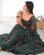 Lorenvalley Women Soft Chiffon Bandhej Fabric Print Fully Flair Anarkali With Pant Dupatta Set - Green | Grocsy