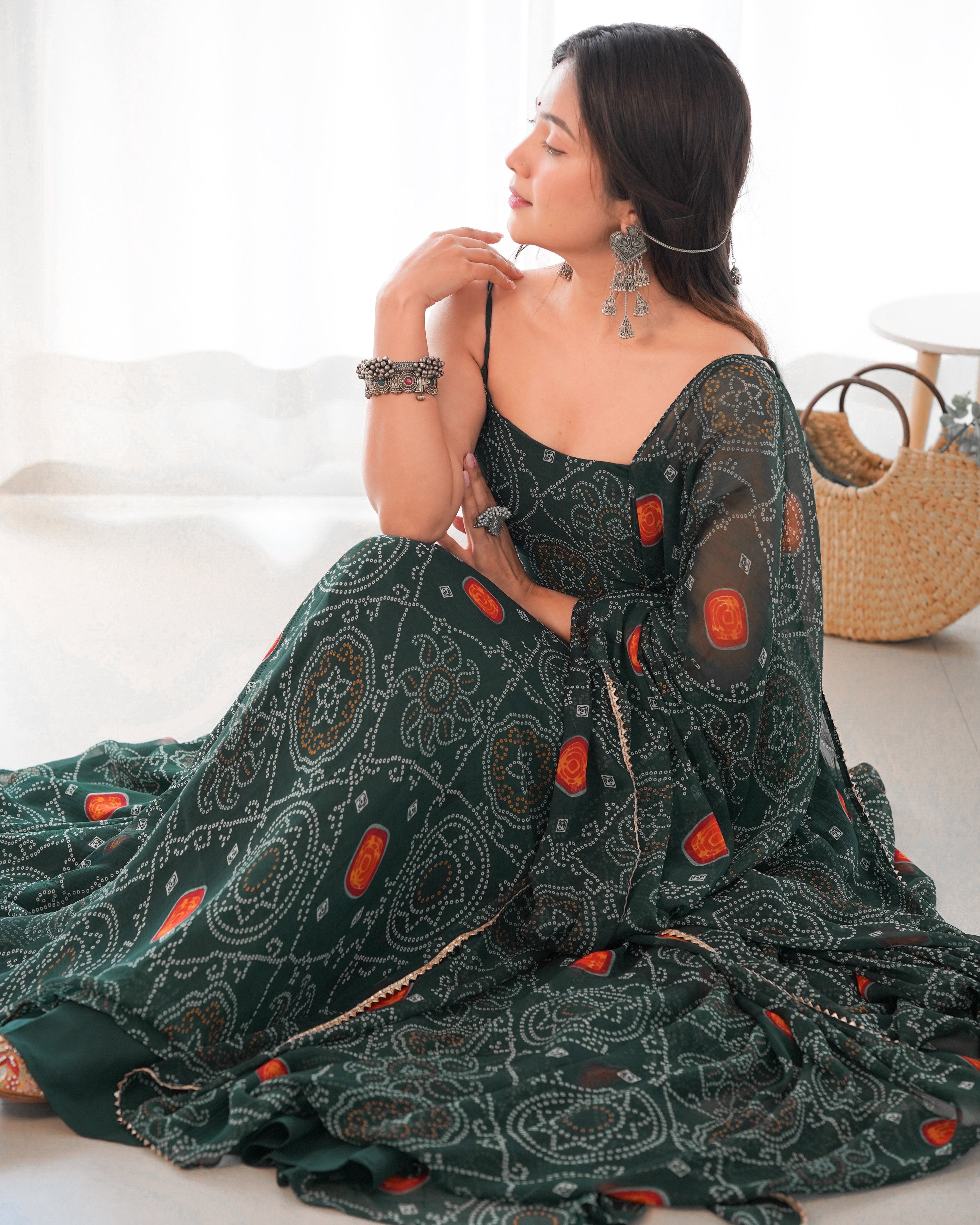 Lorenvalley Women Soft Chiffon Bandhej Fabric Print Fully Flair Anarkali With Pant Dupatta Set - Green | Grocsy