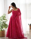 Lorenvalley Women Soft Chiffon Bandhej Fabric Print Fully Flair Anarkali With Pant Dupatta Set - Magenta | Grocsy