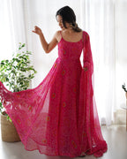 Lorenvalley Women Soft Chiffon Bandhej Fabric Print Fully Flair Anarkali With Pant Dupatta Set - Magenta | Grocsy