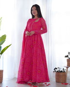 Lorenvalley Women Soft Chiffon Bandhej Fabric Print Fully Flair Anarkali With Pant Dupatta Set - Magenta | Grocsy