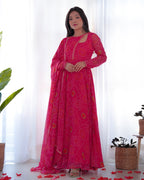 Lorenvalley Women Soft Chiffon Bandhej Fabric Print Fully Flair Anarkali With Pant Dupatta Set - Magenta | Grocsy