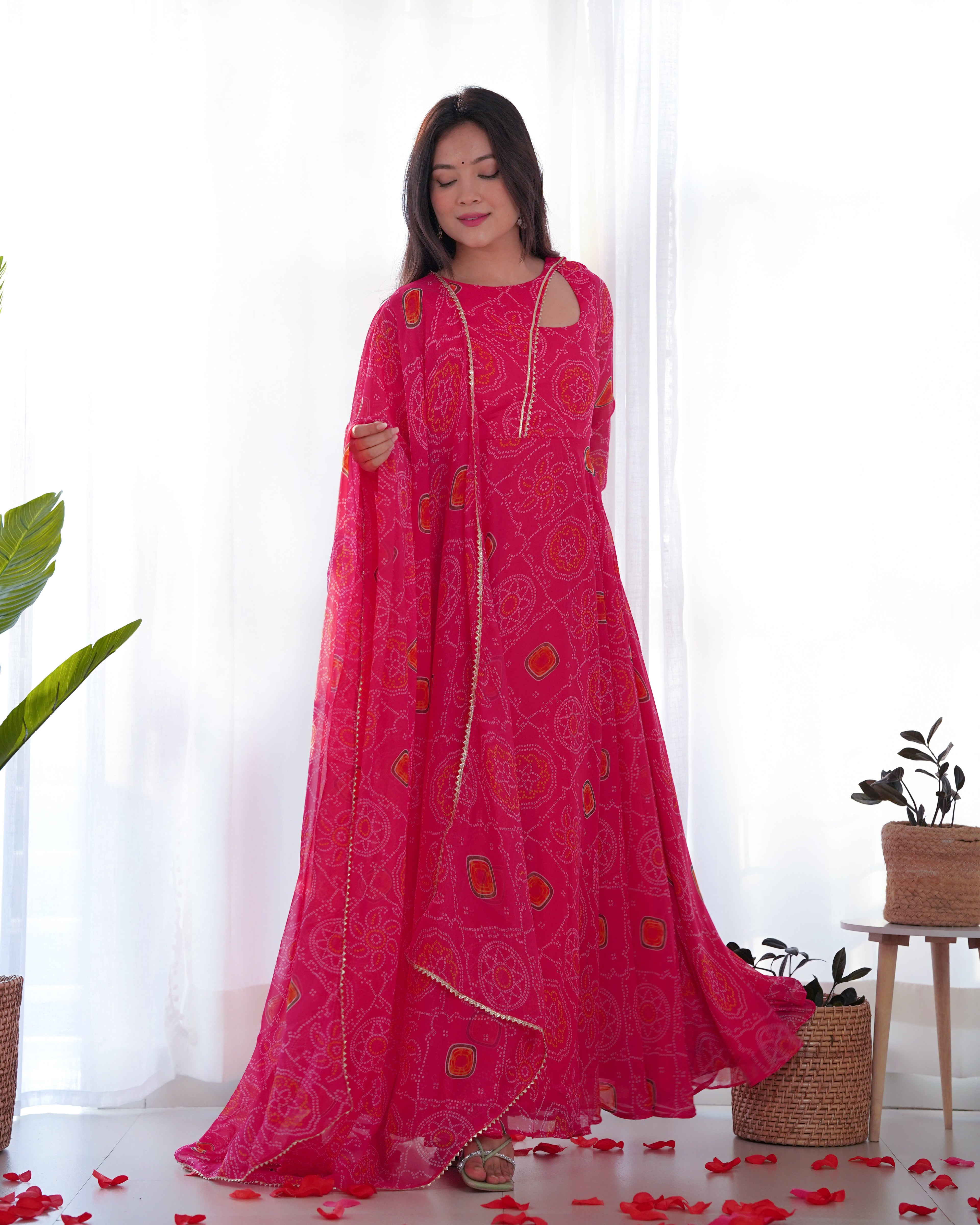 Lorenvalley Women Soft Chiffon Bandhej Fabric Print Fully Flair Anarkali With Pant Dupatta Set - Magenta | Grocsy
