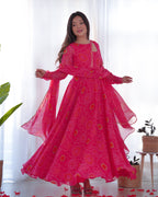 Lorenvalley Women Soft Chiffon Bandhej Fabric Print Fully Flair Anarkali With Pant Dupatta Set - Magenta | Grocsy
