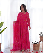 Lorenvalley Women Soft Chiffon Bandhej Fabric Print Fully Flair Anarkali With Pant Dupatta Set - Magenta | Grocsy