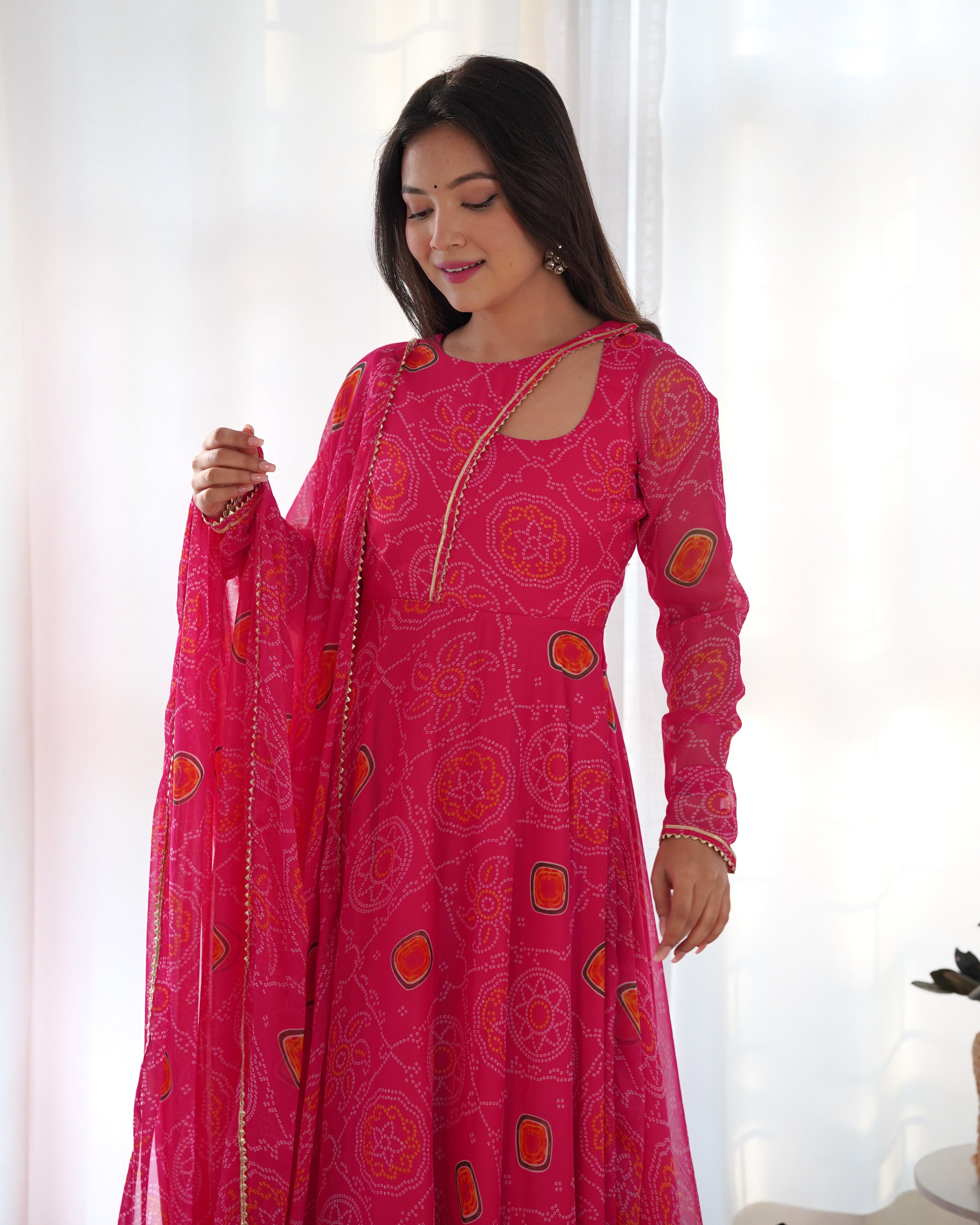 Lorenvalley Women Soft Chiffon Bandhej Fabric Print Fully Flair Anarkali With Pant Dupatta Set - Magenta | Grocsy