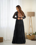 Lorenvalley Women Pure Soft Faux Georgette Leheriya Print Anarkali Gown - Black | Grocsy