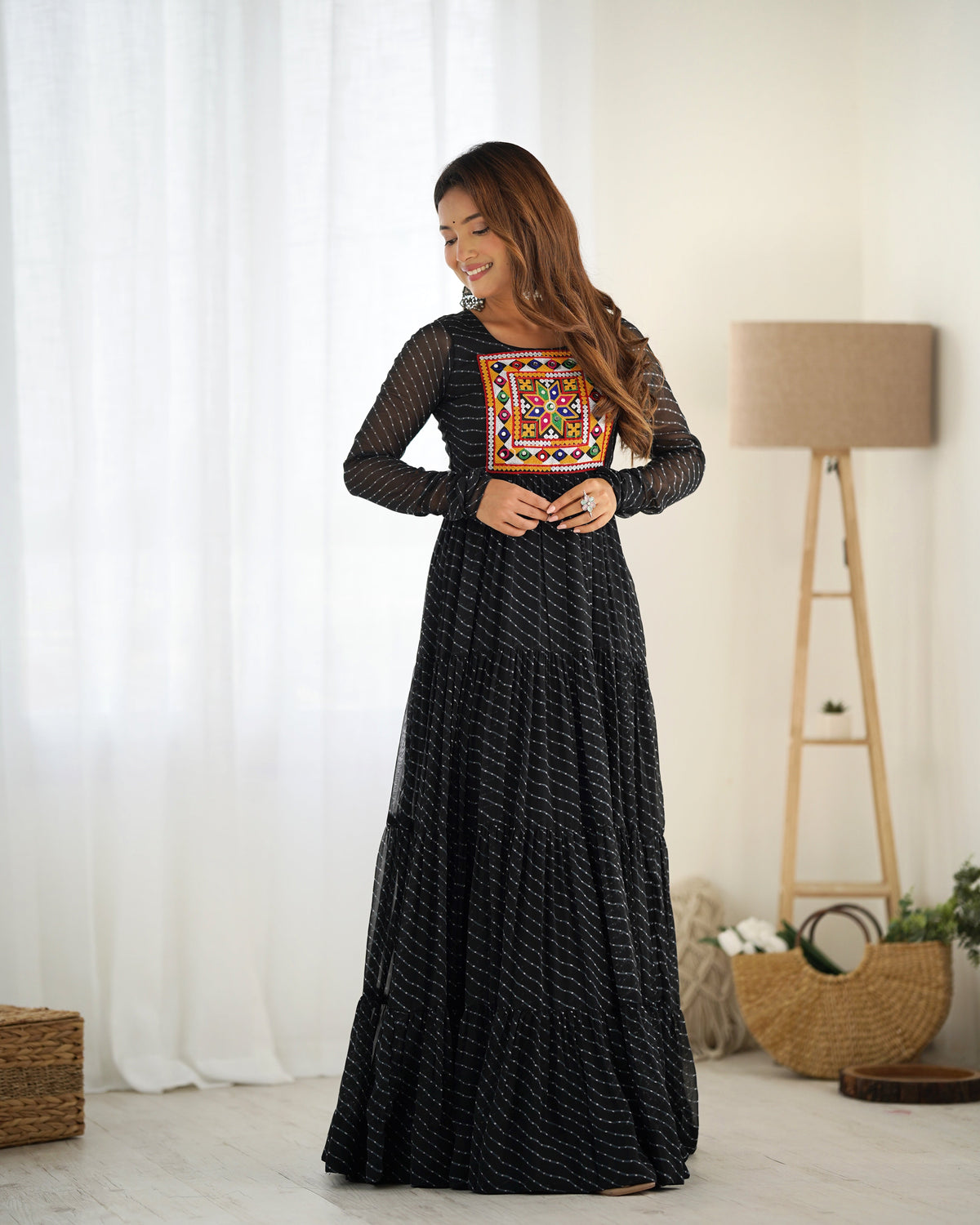 Lorenvalley Women Pure Soft Faux Georgette Leheriya Print Anarkali Gown - Black | Grocsy