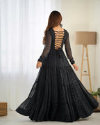 Lorenvalley Women Pure Soft Faux Georgette Leheriya Print Anarkali Gown - Black | Grocsy