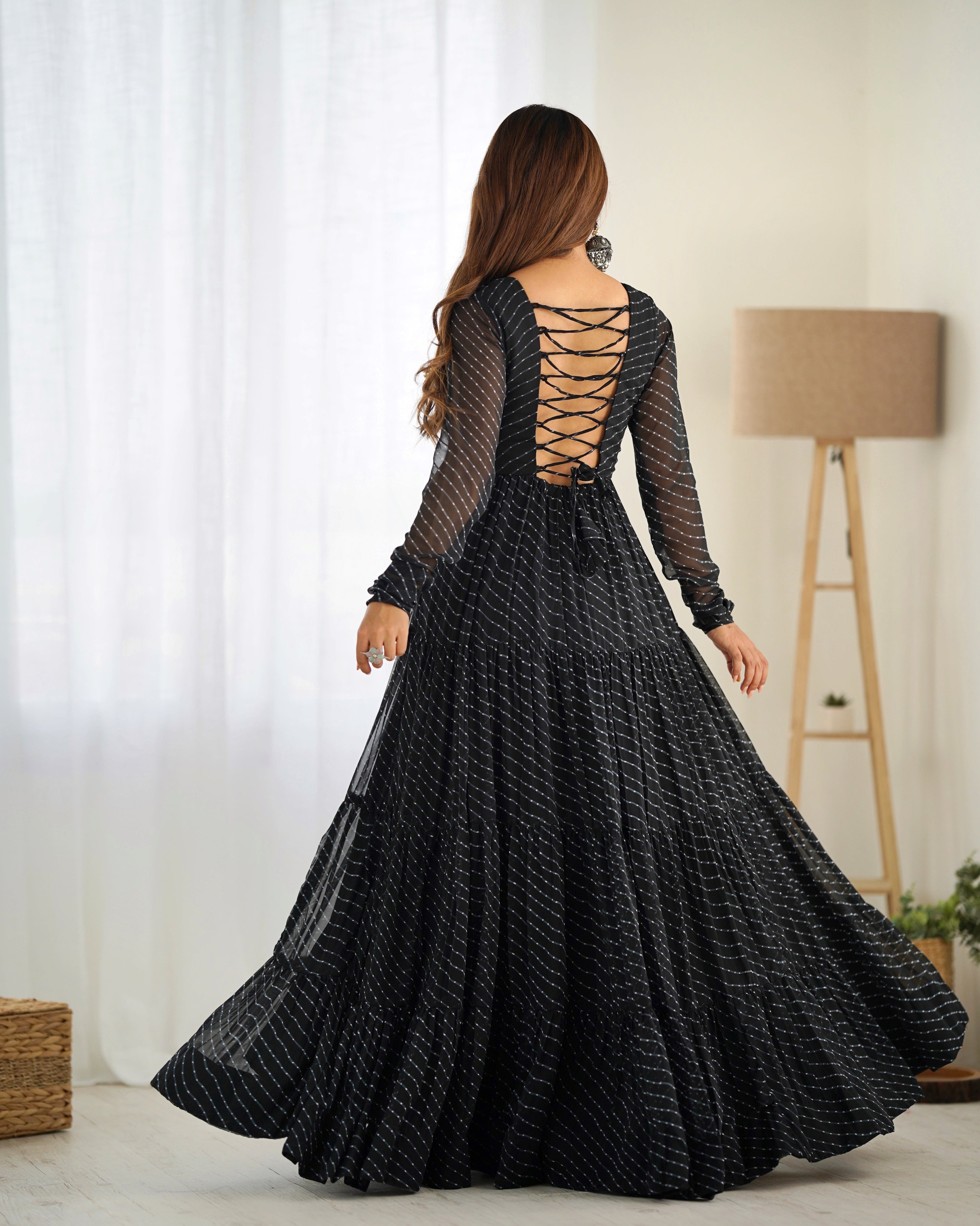 Lorenvalley Women Pure Soft Faux Georgette Leheriya Print Anarkali Gown - Black | Grocsy