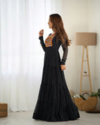 Lorenvalley Women Pure Soft Faux Georgette Leheriya Print Anarkali Gown - Black | Grocsy