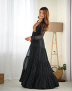 Lorenvalley Women Pure Soft Faux Georgette Leheriya Print Anarkali Gown - Black | Grocsy