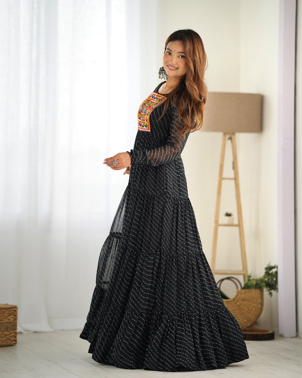 Lorenvalley Women Pure Soft Faux Georgette Leheriya Print Anarkali Gown - Black | Grocsy