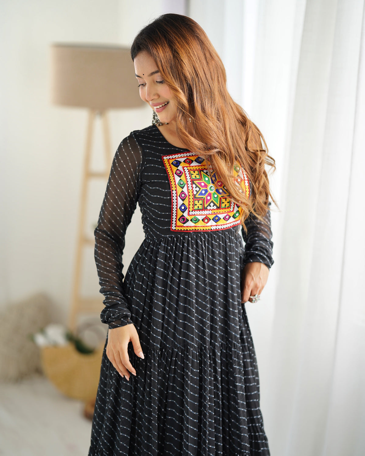 Lorenvalley Women Pure Soft Faux Georgette Leheriya Print Anarkali Gown - Black | Grocsy