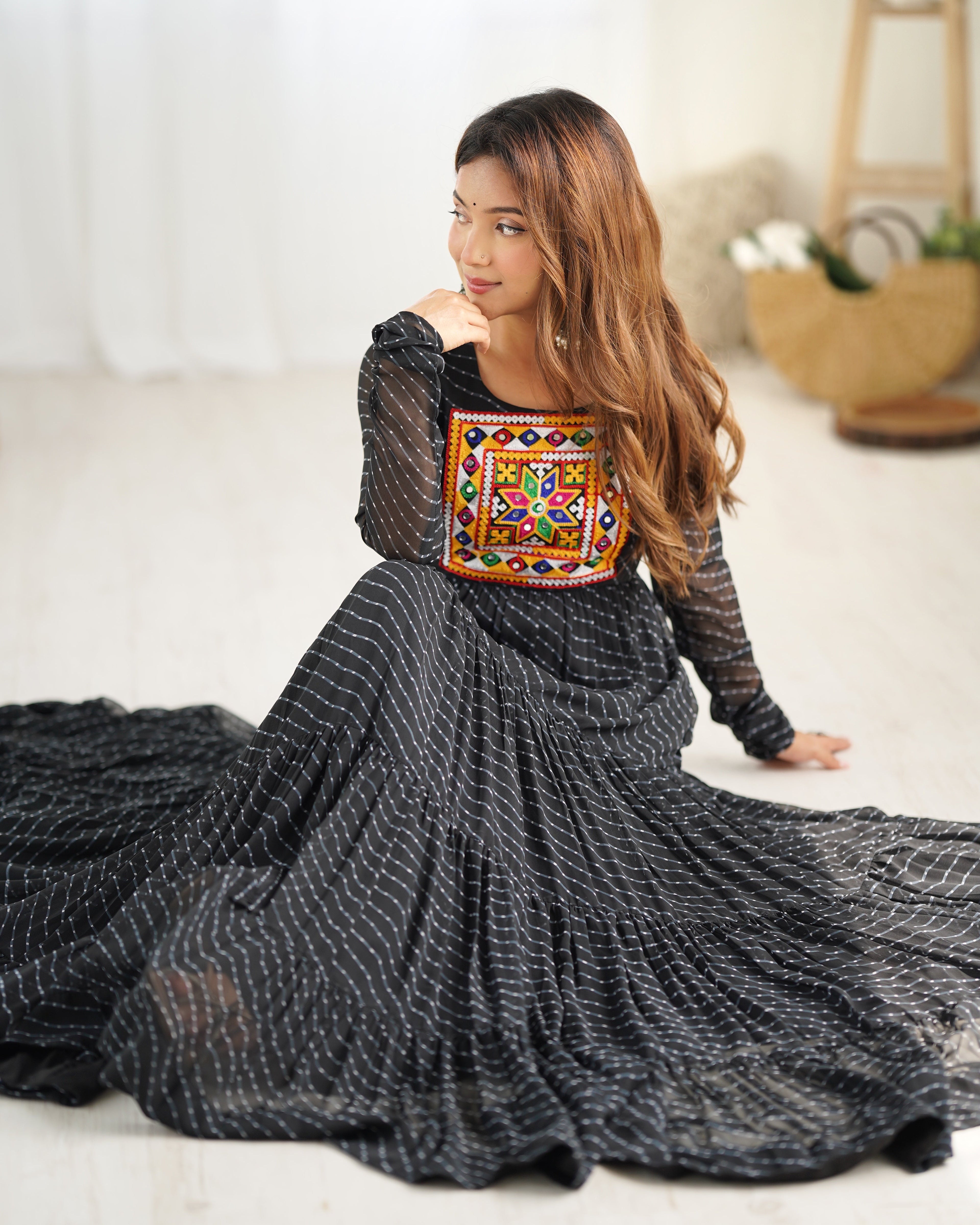 Lorenvalley Women Pure Soft Faux Georgette Leheriya Print Anarkali Gown - Black | Grocsy
