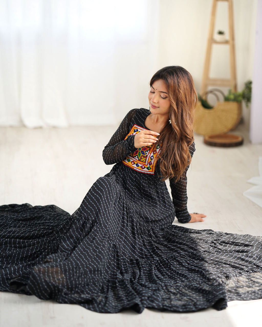 Lorenvalley Women Pure Soft Faux Georgette Leheriya Print Anarkali Gown - Black | Grocsy