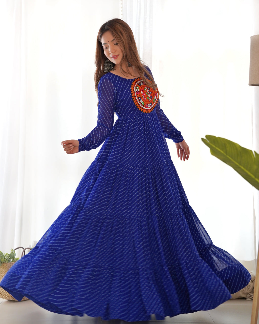 Lorenvalley Women Pure Soft Faux Georgette Leheriya Print Anarkali Gown - Blue | Grocsy