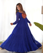 Lorenvalley Women Pure Soft Faux Georgette Leheriya Print Anarkali Gown - Blue | Grocsy