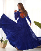 Lorenvalley Women Pure Soft Faux Georgette Leheriya Print Anarkali Gown - Blue | Grocsy