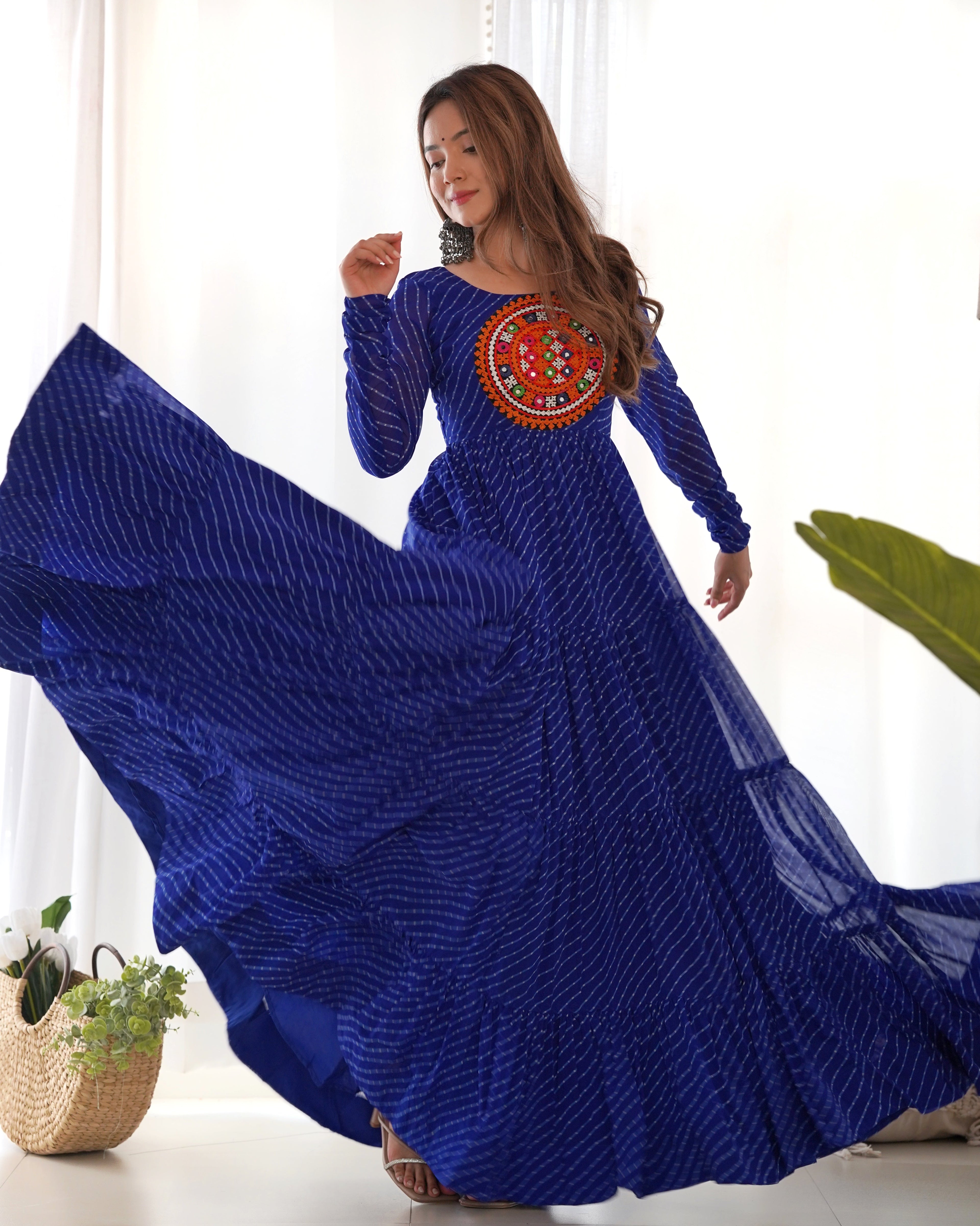 Lorenvalley Women Pure Soft Faux Georgette Leheriya Print Anarkali Gown - Blue | Grocsy
