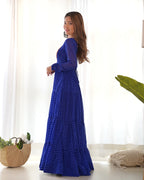 Lorenvalley Women Pure Soft Faux Georgette Leheriya Print Anarkali Gown - Blue | Grocsy