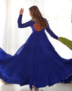 Lorenvalley Women Pure Soft Faux Georgette Leheriya Print Anarkali Gown - Blue | Grocsy