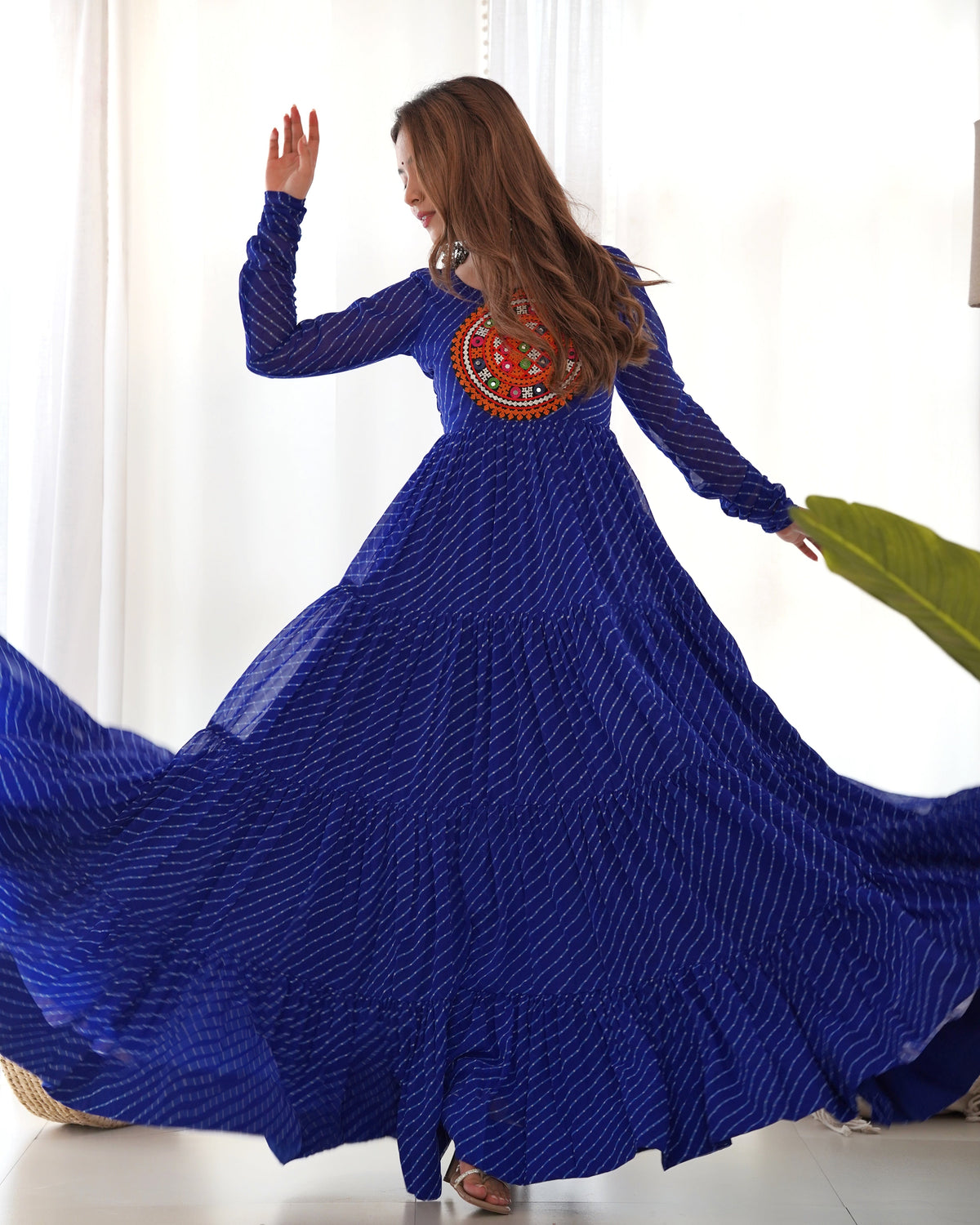 Lorenvalley Women Pure Soft Faux Georgette Leheriya Print Anarkali Gown - Blue | Grocsy