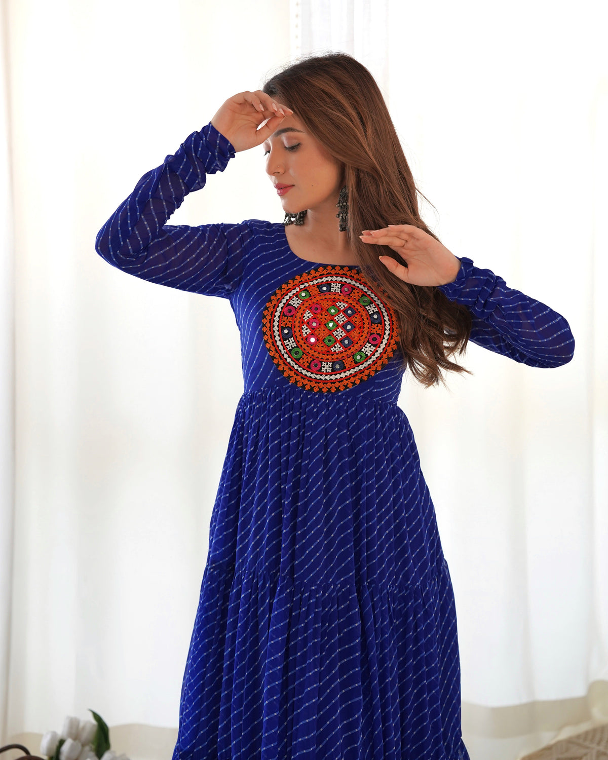 Lorenvalley Women Pure Soft Faux Georgette Leheriya Print Anarkali Gown - Blue | Grocsy