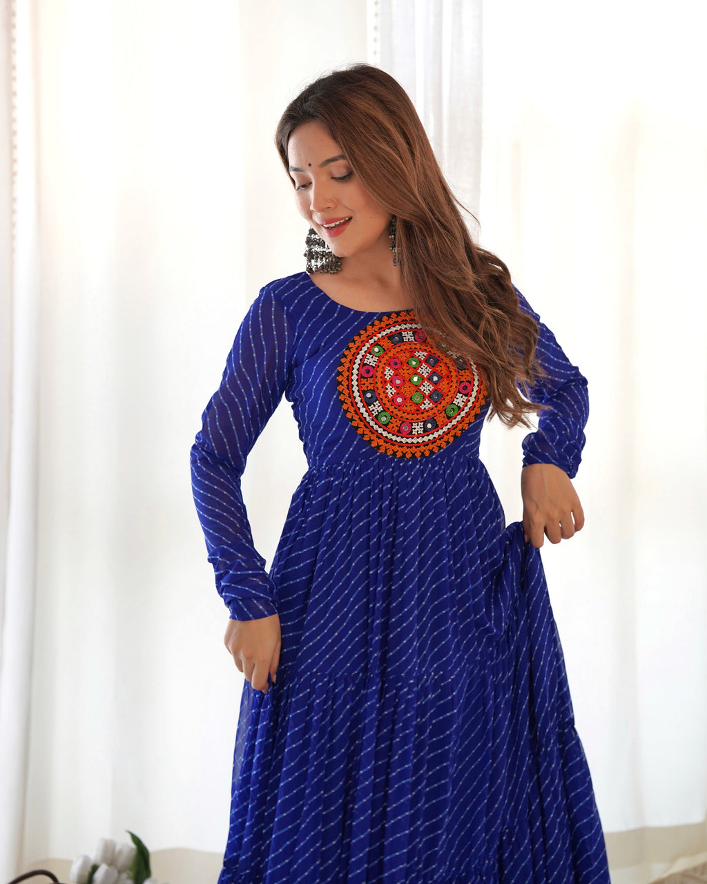 Lorenvalley Women Pure Soft Faux Georgette Leheriya Print Anarkali Gown - Blue | Grocsy