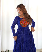 Lorenvalley Women Pure Soft Faux Georgette Leheriya Print Anarkali Gown - Blue | Grocsy
