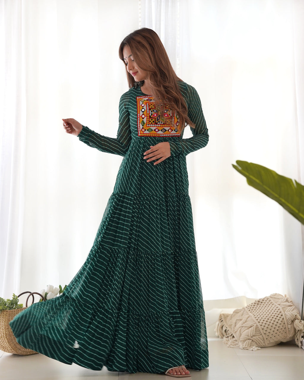 Lorenvalley Women Pure Soft Faux Georgette Leheriya Print Anarkali Gown - Green | Grocsy