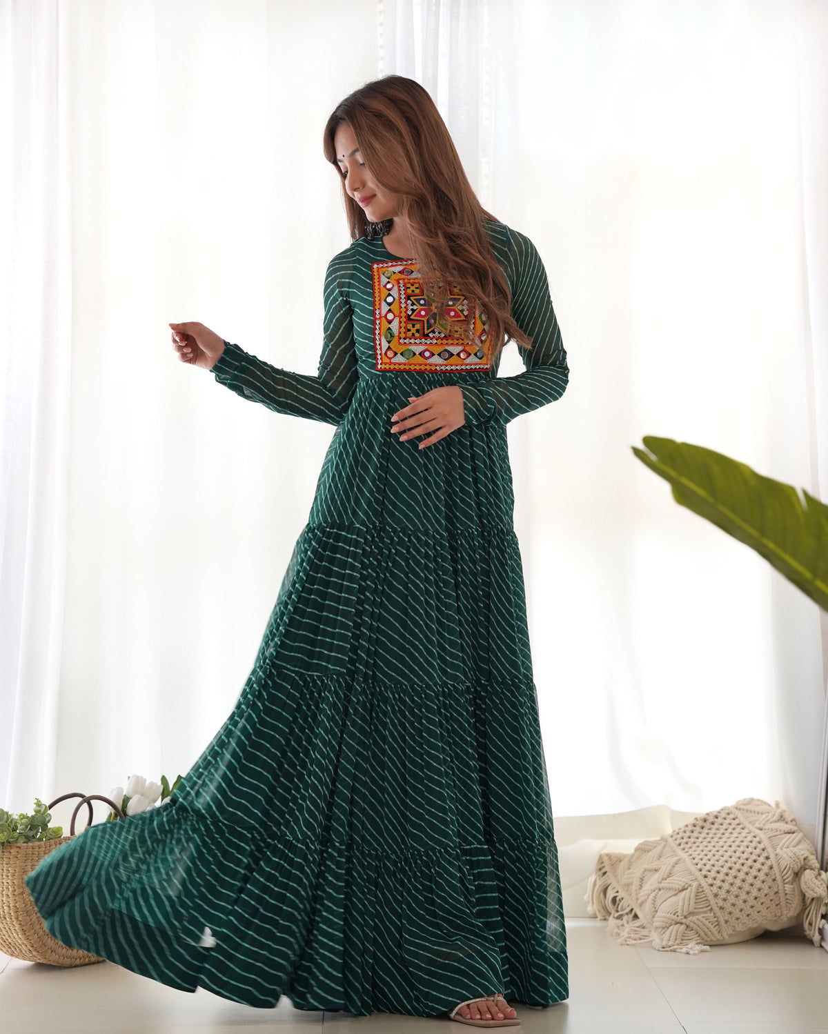 Lorenvalley Women Pure Soft Faux Georgette Leheriya Print Anarkali Gown - Green | Grocsy