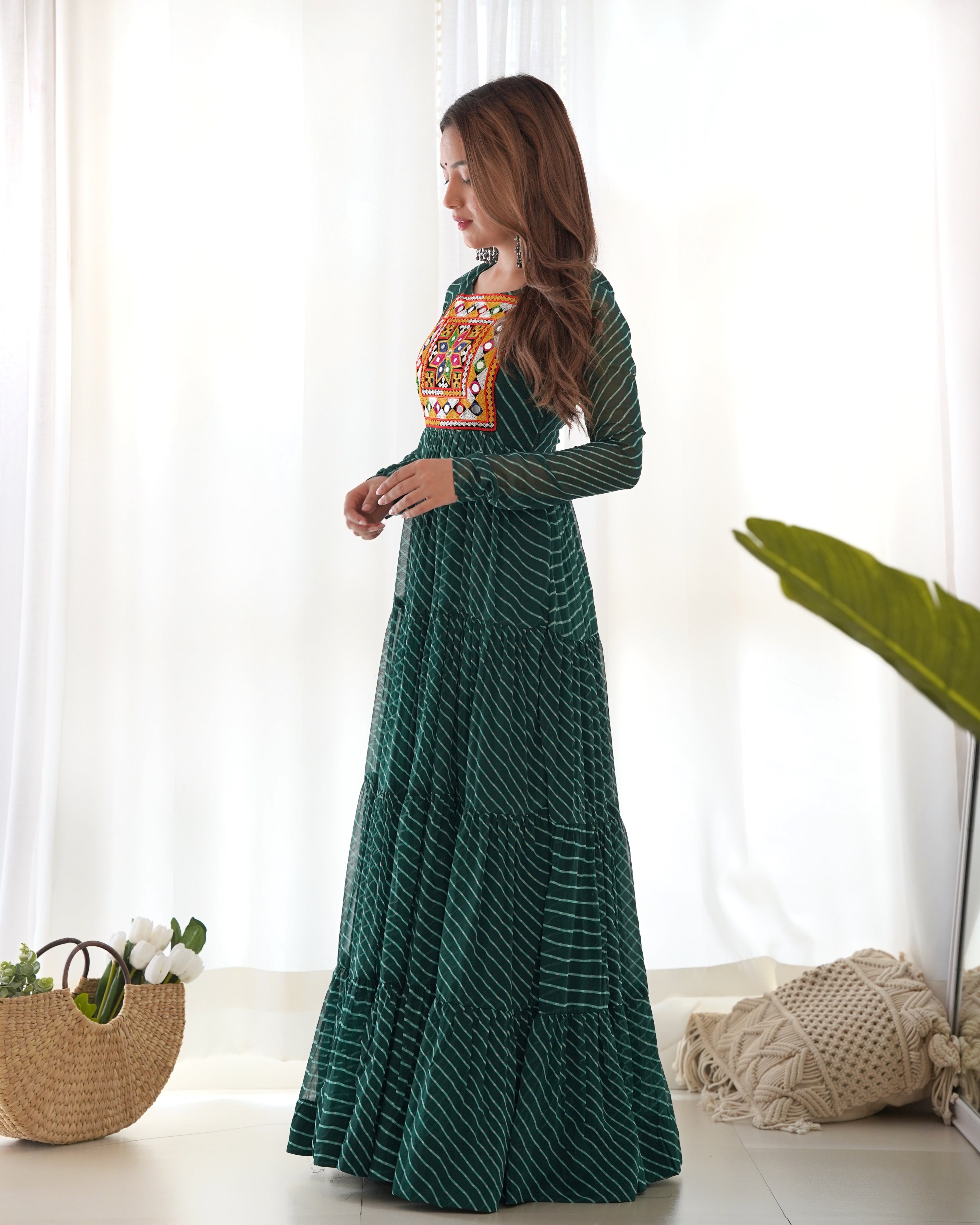 Lorenvalley Women Pure Soft Faux Georgette Leheriya Print Anarkali Gown - Green | Grocsy